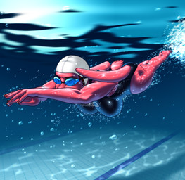 anthro big_breasts breasts clothing eyewear female fur goggles one-piece_swimsuit pink_body pink_fur scut_tail short_tail solo swimming swimming_cap swimming_goggles swimwear tail underwater water buffbumblebee ruby_(buffbumblebee) lagomorph leporid mammal rabbit 2026 hi_res