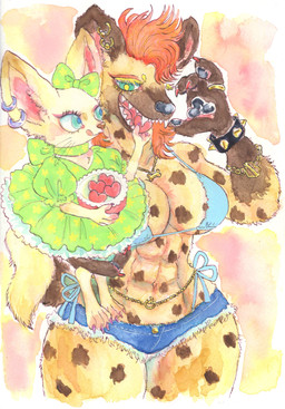 abs alternative_fashion anthro bikini blue_eyes bottomwear bow_ribbon bracelet breasts clothed clothing denim denim_bottomwear denim_clothing denim_shorts dress duo ear_piercing ear_ring female hair jewelry muscular muscular_female pawpads piercing ring ring_piercing shorts size_difference swimwear tongue tongue_out two-piece_swimsuit kyokyota canid canine fennec_fox fox hyena mammal spotted_hyena true_fox 2023 absurd_res hi_res traditional_media_(artwork)