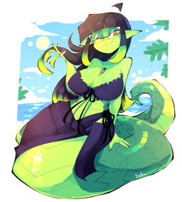apode beach big_breasts breasts clothing day eyewear female glasses green_body green_scales hair humanoid_pointy_ears legless looking_at_viewer one_eye_closed outside plant pointy_ears rectangular_glasses scales serpentine smile solo split_form sun swimwear yellow_eyes ghostlykoisus draconcopode lamia reptile scalie snake 2025 absurd_res digital_media_(artwork) hi_res