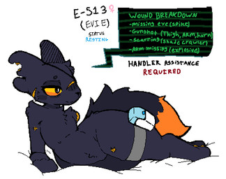 anthro arm_tuft belly_tuft black_body black_eyes black_fur chest_tuft dipstick_tail eye_patch eyewear facial_scar female fur hip_bag looking_aside looking_away looking_to_right lying markings missing_arm mostly_nude narrowed_eyes on_side orange_sclera scar shoulder_tuft solo tail tail_markings text tired tuft wide_hips wound_on_ear botanics scav_prototype canid experiment_(scav_prototype) gunsawian hybrid mammal colored digital_drawing_(artwork) digital_media_(artwork) english_text