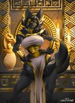 anthro black_body black_fur bottomwear bracelet candlelight candlestick clothing dress female fur green_eyes hands_on_hips hieroglyphics horn jewelry light loincloth pose solo lovepuma69 canid canine canis mammal wolf hi_res