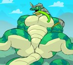 anthro big_muscles big_pecs featureless_crotch green_body green_eyes horn huge_muscles huge_pecs long_tail long_tongue male multicolored_body muscular muscular_anthro muscular_arms muscular_legs muscular_male muscular_thighs pecs solo tail tan_body thick_thighs tongue tongue_out parttimeyeen_(artist) breath_of_the_wild nintendo tears_of_the_kingdom the_legend_of_zelda lizalfos absurd_res hi_res