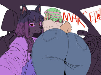 anthro ass_up car duo facing_away_from_viewer female female/female front_view heart_eyes heart_symbol highlights_(coloring) purple_body vehicle yellow_body mariry01 fluffmabb cynthia_(fluffmabb) mari_(mariry01) bovid canid canine caprine mammal sheep 4:3