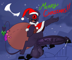 1_eye anal_beads balls big_balls big_penis bodily_fluids christmas_clothing christmas_headwear clothed clothing condom_wrapper digitigrade erection exhibitionism flying fur genital_fluids genitals hat headgear headwear holidays horn humanoid_genitalia humanoid_penis looking_at_viewer male mistletoe mistletoe_on_tail partially_clothed penis plant santa_hat semi_public sex_toy small_but_hung smile solo tail text nylonhellhole christmas krylon_(nylonheretic) demon humanoid imp mammal english_text hi_res