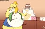 animal_crossing anthro belly big_belly big_breasts bodily_noises bottomwear breasts cake canid canine canis churn clothed clothing dessert different_sound_effects digestion digital_media_(artwork) domestic_dog eating female food fur gargling growth hair isabelle_(animal_crossing) mammal navel nekocrispy nintendo obese obese_anthro obese_female onomatopoeia overweight overweight_anthro overweight_female pencil_skirt rumbling_stomach shih_tzu simple_background skimpy skirt solo sound_effects text thick_thighs toy_dog weight_gain wide_hips yellow_body yellow_fur
