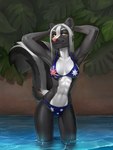 abs anthro arms_above_head australian_flag australian_flag_bikini bikini black_body black_fur breasts clothing female flag_bikini fluffy fluffy_tail fur hair half-closed_eyes hands_behind_head looking_at_viewer markings multicolored_body multicolored_fur muscular muscular_anthro muscular_female narrowed_eyes outside partially_submerged plant smile solo striped_markings striped_tail stripes swimming_pool swimwear tail tail_markings two-piece_swimsuit two_tone_body two_tone_fur water white_body white_fur white_hair yellow_eyes corvus_(artist) sonya_mayers mammal mephitid skunk hi_res