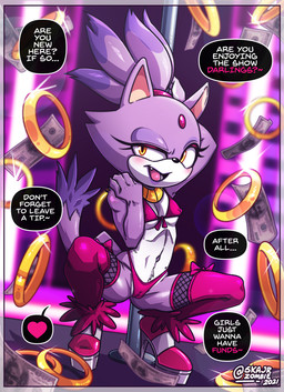 anthro bikini breasts camel_toe clothing crouching female footwear hand_behind_head high_heels legwear money open_mouth open_smile platform_footwear platform_heels pole ring shoes small_breasts smile snaggle_tooth solo spread_legs spreading stripper_pole swimwear text thigh_highs two-piece_swimsuit skajrzombie sega sonic_the_hedgehog_(series) blaze_the_cat domestic_cat felid feline felis mammal english_text hi_res