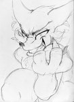 anthro bedroom_eyes black_nose chest_fur claws grinning_at_viewer inner_ear_fluff male narrowed_eyes seductive sharp_teeth short_stack solo teeth thick_thighs tuft thelunarmoon fooly_(foolyfox) canid canine fox mammal monochrome