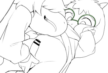 anthro balls censored_genitalia censored_penis duo eyewear female genitals glasses green_eyewear green_glasses horn humanoid_genitalia humanoid_penis male male/female penis shirt_pulled_up young young_male manmosu_marimo deltarune undertale_(series) ralsei susie_(deltarune) bovid caprine goat mammal reptile scalie censored hi_res sketch