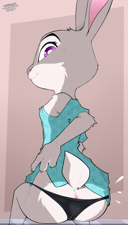 4_fingers anthro areola big_butt biped black_clothing black_panties black_underwear breasts butt claws clothed clothed_anthro clothed_female clothing countershade_fur countershade_torso countershading female finger_claws fingers fur grey_body grey_fur grey_tail looking_at_viewer looking_back looking_back_at_viewer nipple_outline nipples panties pantsless pantsless_anthro pantsless_female partially_clothed partially_clothed_anthro partially_clothed_female purple_eyes rear_view simple_background sitting small_breasts smile solo tail thick_thighs topwear translucent translucent_clothing underwear wide_hips amazinggwen disney zootopia judy_hopps lagomorph leporid mammal rabbit 2025 4:7 absurd_res digital_drawing_(artwork) digital_media_(artwork) hi_res