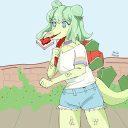 5_fingers anthro back_plates backpack blue_eyes bottomwear choker clothing denim denim_bottomwear denim_clothing denim_shorts female fingers green_body green_hair green_scales hair hair_bun jewelry necklace object_in_mouth outside plant scales shirt shorts shrub sidewalk simple_background snout solo tail_plates topwear wall_(structure) shrikethebird_(artist) cavemanon_studios goodbye_volcano_high ko_op_(game_developer) snoot_game stella_(gvh_beta) dinosaur ornithischian prehistoric_species reptile scalie stegosaurian stegosaurus thyreophoran 1:1 2023 colored