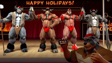2_horns abs alcohol ankle_tuft anthro armband barbarian barbarian_outfit barefoot beard beverage biceps black_body black_fur black_hair body_hair boots bottomwear brown_body brown_bottomwear brown_clothing brown_fur brown_loincloth brown_shirt brown_topwear brown_vest camera_hud cellphone champagne christmas_clothing christmas_headwear clothed clothing cloven_hooves deltoids electronics facial_hair fake_weapon feet fingerless_gloves floor footwear fur gesture gloves gloves_(marking) goatee grey_body grey_clothing grey_fur grey_hair grey_topwear grey_vest group group_photo hair hand_gesture handwear happy_trail hat headgear headwear holding_cellphone holding_champagne_glass holding_melee_weapon holding_object holding_phone holding_polearm holding_sword holding_weapon holidays hooved_plantigrade hooved_toes hooves horn inside leg_tuft loincloth looking_at_viewer male markings melee_weapon multicolored_body multicolored_fur musclegut muscular muscular_anthro muscular_male muscular_thighs navel nipples one-piece_swimsuit pattern_clothing pattern_shirt pattern_topwear pawpads pecs phone plantigrade pole polearm props pubes red_armband red_boots red_clothing red_curtain red_footwear red_gloves red_handwear red_hat red_headwear red_mankini red_sling_bikini red_underwear santa_hat screen shirt shoes slightly_chubby slightly_chubby_anthro slightly_chubby_male sling_bikini smile stage strip_club striped_clothing striped_shirt striped_topwear stripes stripper_pole swimwear sword tail tail_tuft taking_picture tan_body tan_fur teal_body teal_fur text thumbs_up topless topwear tuft two_tone_body two_tone_fur underwear vest weapon white_body white_fur wood wood_floor braford christmas happy_holidays house_of_beef elliott_(braford) julian_(braford) peter_(braford) sam_(braford) sarge_(braford) bear bovid bovine brown_bear canid canine canis cattle domestic_dog mammal mastiff molosser rottweiler ursine 16:9 2025 3d_(artwork) digital_media_(artwork) english_text widescreen