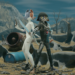 anthro beanie breasts clothed clothed_female clothing duo female fur genitals hair hat headgear headwear looking_at_viewer machete melee_weapon multicolored_body nipples nude nude_female only_one_nude open_mouth piercing smile tail weapon white_body white_fur kigerlynn dr._drigg_(modeler) malakisuglypotato_(modeler) epic_games fortnite cate_meowdy meow_skulls calico_cat domestic_cat felid feline felis mammal 1:1 2026 3d_(artwork) absurd_res digital_media_(artwork) hi_res