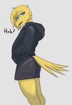 anthro biped black_bottomwear black_clothing black_hoodie black_shorts black_topwear blonde_hair blue_eyes bottomwear clothed clothed_anthro clothed_male clothing dialogue disinterested feathers hair half-closed_eyes hand_in_pocket head_turned hoodie looking_at_viewer male medium_hair narrowed_eyes open_mouth pockets shorts side_view simple_background solo standing talking_to_viewer text topwear white_background yellow_body yellow_feathers hyuvevo hyu_(hyuvevo) avian bird 2024 absurd_res colored english_text hi_res portrait three-quarter_portrait