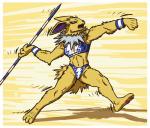 2019 3_toes absurd_res anthro anthrofied athletic athletic_anthro athletic_female barefoot blue_clothing border bottomwear bra breasts claws clothing eeveelution feet female generation_1_pokemon hi_res high_waisted_bottomwear javelin jolteon megawolf77 midriff multicolored_clothing nintendo open_mouth pawpads pink_pawpads plantigrade pokemon pokemon_(species) pokemorph soles solo sports_bra sports_panties sportswear teeth toes tongue two_tone_clothing underwear white_border white_clothing yellow_body