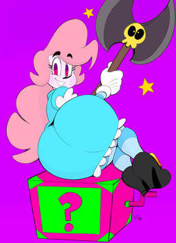 ?_block axe battle_axe big_butt block butt clothed clothing crossgender double_bitted_axe female huge_butt item_box looking_at_viewer looking_back melee_weapon mtf_crossgender not_furry rear_view smile solo weapon third-party_edit vimhomeless mrs.mayhem humanoid 2016 color_edit colored hi_res