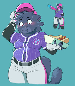 anthro baseball_bat baseball_uniform bat_(object) belly belt big_belly black_body black_fur black_hair blush blush_lines bodily_fluids bottomwear breasts chewing claws clothing female fingerless_gloves food fur gloves hair handwear hot_dog looking_down looking_down_at_belly medium_breasts messy_hair pants pink_nose red_eyes round_ears shocked simple_background slightly_chubby slightly_chubby_anthro slightly_chubby_female solo sportswear sweat sweatdrop tail text thin_tail uniform wardrobe_malfunction wide_eyed carameltsi rivals_of_aether clairen_(rivals_of_aether) felid feline leopard mammal pantherine colored hi_res shaded simple_shading