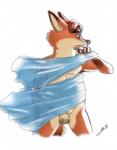 animal_genitalia anthro balls belly biped blue_eyes brown_body brown_fur brown_hair fabric fur genitals hair male nude orange_body orange_fur overweight overweight_anthro overweight_male sheath simple_background solo white_background gerardson disney zootopia gideon_grey canid canine fox mammal red_fox true_fox 2018 absurd_res hi_res