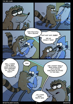 anthro balls bed bedroom_eyes bodily_fluids chest_tuft dialogue duo furniture genitals hand_on_penis imminent_sex male male/male narrowed_eyes nervous nervous_sweat on_bed penis pillow saliva_as_lube seductive speech_bubble spitting_on_hand sweat tail text tuft fudatsu cartoon_network regular_show mordecai_(regular_show) rigby_(regular_show) avian bird blue_jay corvid jay_(bird) mammal new_world_jay oscine passerine procyonid raccoon comic english_text hi_res
