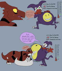 anthro belly belly_expansion belly_overhang belly_worship big_belly body_worship clothing competition crumbs dialogue duo eating eating_food expansion face_in_belly gloves gloves_only green_sclera handwear handwear_only huge_belly hyper hyper_belly kerchief kerchief_only male male/male mostly_nude neckerchief neckerchief_only neckwear nude spade_tail speech_bubble tail talking_to_another text weight_gain weight_gain_drive yellow_sclera saphiros bandai_namco digimon digimon_(species) guilmon impmon 2020 english_text hi_res multiple_scenes
