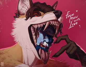 anthro big_fangs blue_body blue_fur bodily_fluids body_in_mouth brown_hair cheek_tuft duo facial_tuft fangs front_view fur hair imminent_vore in_mouth male male_pred male_prey mouth_shot nude on_tongue open_mouth red_background red_eyes saliva saliva_on_tongue saliva_string sharp_teeth short_hair simple_background teeth tongue tuft white_body white_fur yellow_body yellow_fur riorix canid canine mammal detailed hi_res