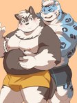 2024 anthro ayame42612 belly big_belly blue_body blush bulge canid canine canis clothing domestic_dog duo felid hi_res hug hugging_another hugging_from_behind kemono male male/male mammal moobs nipples overweight overweight_male pantherine simple_background tiger underwear