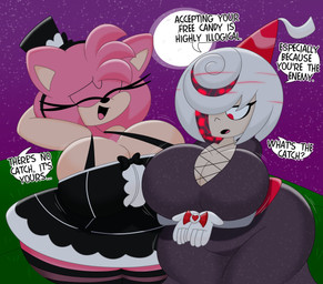 accessory aged_up alternative_fashion anthro armwear big_breasts black_nose bouncing_breasts breast_jiggle breasts bulging_breasts candy cleavage cleavage_overflow clothed clothing costume curvy_figure dessert detailed_background dialogue dress duo elbow_gloves eyelashes eyes_closed female fingers food fur gloves goth hair hair_accessory hairband halloween_costume hand_behind_head handwear hat headband headgear headwear hennin holidays huge_breasts jiggling legwear moon motion_lines multicolored_body multicolored_clothing multicolored_dress multicolored_fur open_mouth open_smile outside pale_skin pink_body pink_fur pink_hair princess_outfit red_eyes short_hair sky small_waist smile sparkles sparkling_clothing speech_bubble star starry_sky stockings tan_body tan_fur text thick_thighs tongue top_hat two_tone_body two_tone_fur voluptuous voluptuous_anthro voluptuous_female white_hair wide_hipped_anthro wide_hipped_female wide_hips 3barts halloween sega sonic_frontiers sonic_the_hedgehog_(series) amy_rose sage_(sonic) digital_creature eulipotyphlan hedgehog mammal 2025 absurd_res digital_drawing_(artwork) digital_media_(artwork) english_text hi_res