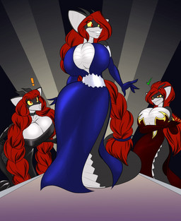 anthro apode armwear big_breasts big_ears breasts cleavage cleavage_cutout cleavage_overflow clothed clothing collar cutout dress elbow_gloves evening_gown exclamation_point eyebrow_through_hair eyebrows female gloves group hair handwear horn huge_breasts legless long_hair non-mammal_breasts pigtails ponytail red_eyes red_hair scales serpentine smile spiked_collar spikes stage translucent translucent_hair yellow_eyes toughset draconcopode naga reptile scalie snake hi_res