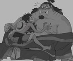 anthro belly blush duo groping_chest male male/male moob_grab moob_grope moobs musclegut muscular nipples pecs size_difference tusks happensweater one_piece jinbe monkey_d._luffy fish-men_(one_piece) human mammal marine absurd_res hi_res monochrome