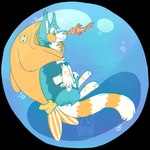 2017 ambiguous_gender bubble canid canine cape chromatic_aberration clothing cyprinid cypriniform digital_drawing_(artwork) digital_media_(artwork) digitigrade dot_eyes duo ear_tuft feral fish flat_colors floating full-length_portrait fully_submerged fur goldfish hi_res in_bubble jaspering mammal marine markings orange_body orange_nose orange_scales paws portrait ring_(marking) ringed_tail scales size_difference smile snout striped_markings striped_tail stripes tail tail_markings teal_body teal_fur tuft underwater water watermark whisker_spots white_body white_fur