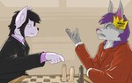 annoyed anthro black_hair burger_king_crown chess chess_board chess_piece duo eye_contact fur grey_body grey_fur hair looking_at_another male male/male playing_chess purple_hair smile smirk smirking_at_another white_body white_fur slavv0 lucas_poland lucas_poland_(old_design) maxxxymooo sillybilly_(old_design) canid canine canis fox mammal wolf 16:10 widescreen