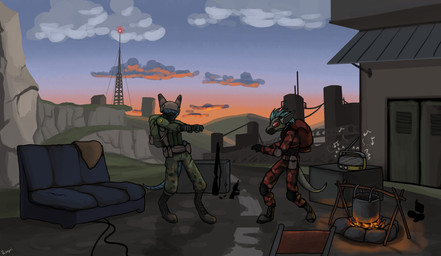 ambiguous_gender anthro armor backpack belt blue_body blue_hair body_armor boots building camo camo_clothing camo_print campfire cliff clothed clothing cooking_pot dancing digitigrade duo electronics eyes_closed footwear furniture gas_mask gloves green_body gun hair handwear headgear helmet knee_pads mask military_uniform musical_note musical_symbol outside pattern_clothing radio radio_antenna ranged_weapon rifle shoes sofa sunset symbol uniform utility_belt weapon densjin project_silverfish inheritor lizard reptile scalie 2025 hi_res signature