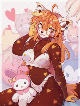 ahoge anthro bangs blush bra breasts brown_body brown_fur brown_nose cheek_tuft chest_tuft claws clothing ear_piercing eyebrows eyelashes eyewear facial_tuft fangs female freckled_face freckles fur glasses hair heart_(marking) heart_symbol inner_ear_fluff long_eyelashes long_hair markings medium_breasts multicolored_body multicolored_fur navel orange_eyes orange_hair orange_markings panties piercing plushie sitting solo spots spotted_body spotted_fur tail teeth tuft underwear wearing_glasses white_bra white_clothing white_eyebrows white_markings white_panties white_underwear cepto_(artist) ailurid mammal red_panda 2023 colored digital_drawing_(artwork) digital_media_(artwork) hi_res shaded