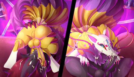 69_position 9_tails anthro anus balls black_body black_fur blue_eyes blue_markings blue_sclera bodily_fluids butt butt_grab colored_nails cum cum_drip cum_in_hair cum_on_chest_fluff cum_on_face cum_on_leg cum_on_penis digitigrade dipstick_ears dipstick_tail distortion_world dripping duo ear_markings erection fur genital_fluids genitals glans hair hand_on_butt humanoid_genitalia humanoid_penis leg_grab licking long_hair male male/male mane markings messy multi_tail multicolored_body multicolored_ears multicolored_fur nails neck_tuft oral penile penis penis_lick perineum purple_markings red_markings saliva saliva_on_penis sex spread_legs spreading tail tail_markings thick_thighs tongue tuft waterfall yellow_body yellow_eyes yellow_fur earthb-kun asian_mythology east_asian_mythology japanese_mythology level-5 mythology nintendo pokemon yo-kai_watch kyubi_(yo-kai_watch) canid canine fox fox_spirit generation_5_pokemon mammal pokemon_(species) spirit yokai zoroark absurd_res hi_res