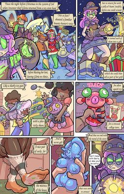 ambiguous_gender anthro_to_inanimate blonde_hair blue_body breasts christmas_tree clothing clothing_transformation dialogue eyewear female footwear genitals gift glasses group gun hair holding_gun holding_object holding_plushie holding_ranged_weapon holding_weapon holidays humanoid_to_inanimate inanimate_transformation lips navel night nipples outside pink_hair plant plushie putting_on_socks ranged_weapon round_glasses santa_dress sex_toy_transformation shoes smile sock_transformation tail text thick_lips transformation tree vulva weapon wheover christmas jackie_applin lienna_arara minepta_podena veeness alien aquatic fish human humanoid living_onahole mammal shark 2025 absurd_res comic digital_media_(artwork) english_text hi_res
