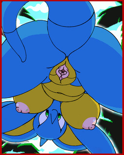 anthro border breasts female genitals nipples red_border spread_legs spreading thick_thighs vulva redmagejacob nintendo pokemon generation_1_pokemon nidoqueen pokemon_(species) hi_res