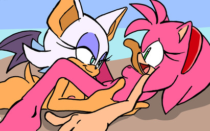 anthro beach bonnet breasts butt clothing female female/female headgear headwear imminent_cunnilingus imminent_oral lying nipples nude on_back on_front pink_body smile spread_legs spreading tail randomguy999 sega sonic_the_hedgehog_(series) amy_rose rouge_the_bat bat eulipotyphlan hedgehog mammal hi_res