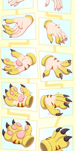 4_fingers 5_fingers animal_gloves anthro black_claws claws clothing colored_nails disembodied_hand female fingernails fingers gloves hand_transformation handpaw handwear nails paw_gloves pawpads paws pink_fingernails pink_nails pink_pawpads red_stripes solo stripes transformation transformation_sequence yellow_clothing yellow_gloves yellow_handwear phyrexianrevoker bandai_namco digimon the_succubus_hunt meri_(gatomon_form) meri_(the_succubus_hunt) digimon_(species) domestic_cat felid feline felis gatomon human mammal absurd_res hi_res