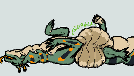 abdominal_bulge anthro body_outline duo feral gurgle_(sound_effect) looking_pleasured male oral_vore paws rumbling_stomach safe_vore simple_background tongue tongue_out touching_chest vore comrade_grigory mythology dragon hybrid mythological_creature mythological_scalie scalie hi_res
