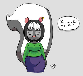 anthro black_hair blue_bottomwear blue_clothing bottomwear breasts clothing ear_piercing ear_ring eyewear female fur glasses green_clothing green_shirt green_topwear grey_background grey_body grey_fur hair long_sleeve_shirt looking_at_viewer medium_breasts narrowed_eyes piercing ring_piercing shirt simple_background solo speech_bubble tail talking_to_viewer text topwear wearing_glasses white_body white_fur white_hair yotomoe muffy_(yotomoe) mammal mephitid skunk english_text signature