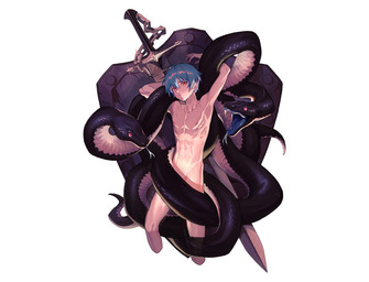 ambiguous_gender biped black_body black_scales blue_hair chain convenient_censorship feral group hair male melee_weapon nude pupils red_eyes scales shield simple_background slit_pupils sword weapon white_background mosilll human mammal reptile scalie snake 2020