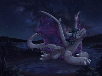 ambiguous_feral ambiguous_gender cosmic_wings enjoying eyes_closed feral floating forest horn inflatable lake lying macro night on_front plant sky solo star starry_sky tree water white_body wings faryart mythology animate_inanimate dragon living_inflatable mythological_creature mythological_scalie scalie hi_res
