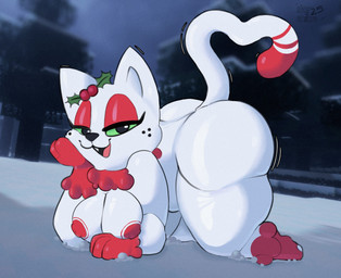 all_fours anthro areola ass_up bedroom_eyes big_butt black_nose breasts butt eyelashes female freckled_face freckles fur glistening glistening_body glistening_eyelids green_sclera heart_tail holly_(plant) long_eyelashes motion_lines narrowed_eyes nipple_dip nipples open_mouth plant red_areola red_nipples seductive semi-anthro smile snow solo tail thick_thighs white_body white_fur wobbling starshibe microsoft minecraft mojang xbox_game_studios junipurr domestic_cat felid feline felis mammal hi_res signature