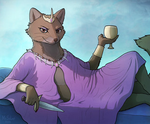 anthro clothed clothing crown dagger female glass headgear holding_glass holding_object jewelry knife lying medieval melee_weapon necklace pose seductive solo weapon mr.solar redwall vilaya_(redwall) gulonine mammal marten mustelid musteline hi_res pinup