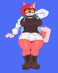 anthro big_breasts blue_background boots bottomwear breasts bulge clothing collar footwear gynomorph half-closed_eyes intersex jacket narrowed_eyes nipple_outline shoes shorts simple_background solo thick_thighs topwear velvetomo sammy_(dogfluid) canid canine canis domestic_dog mammal absurd_res hi_res nonbinary_(lore)