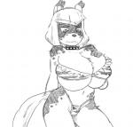 annoyed anthro big_breasts bikini breasts clothed clothing collar female hair hand_on_breast hyper short_hair skimpy solo spiked_collar spikes spots swimwear two-piece_swimsuit smekbo latchkey_kingdom hilde_(70_seas) yuman zull low_res monochrome