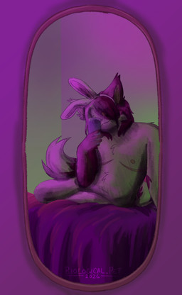 anthro belly cellphone detailed_background electronics eye_through_hair fake_ears fake_rabbit_ears fur hair holding_cellphone holding_object holding_phone holding_smartphone male mastectomy_scar mirror mirror_selfie nipples nude nude_anthro phone purple_hair scar selfie slightly_chubby smartphone smile solo straight_hair tail text translucent translucent_hair tuft visibly_trans white_body white_fur yellow_eyes yellow_sclera biological.pet conditional_dnp thistle_(frootbytes) domestic_cat felid feline felis mammal 2026 absurd_res artist_name colored dated digital_drawing_(artwork) digital_media_(artwork) hi_res signature watermark nonbinary_(lore)