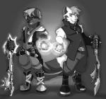 clothing duo keyblade magic male melee_weapon weapon cyndybell disney kingdom_hearts square_enix jayce_arctic neo_xeris canid canine canis fox hybrid mammal wolf black_and_white monochrome