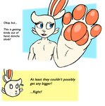 anthro big_pawpads blue_eyes buckteeth dialogue eyelashes fur hand_expansion hand_fetish hyper_hands male nervous nude simple_background solo tan_body tan_fur teeth text thereexistsk lagomorph leporid mammal rabbit absurd_res english_text hi_res