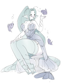 ambiguous_gender biped blush breasts clothed clothing dress eyelashes female feral footwear high_heels larger_female legwear pupils shoes simple_background size_difference smile thick_thighs thigh_highs fullmontis animal_humanoid aquatic aquatic_humanoid fish humanoid hi_res